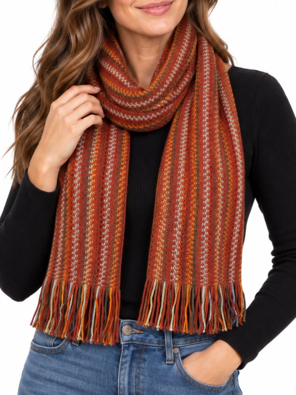 UNBRANDED German 100% Pure New Wool Fringe Knit Scarf Striped Cozy Fall Unisex